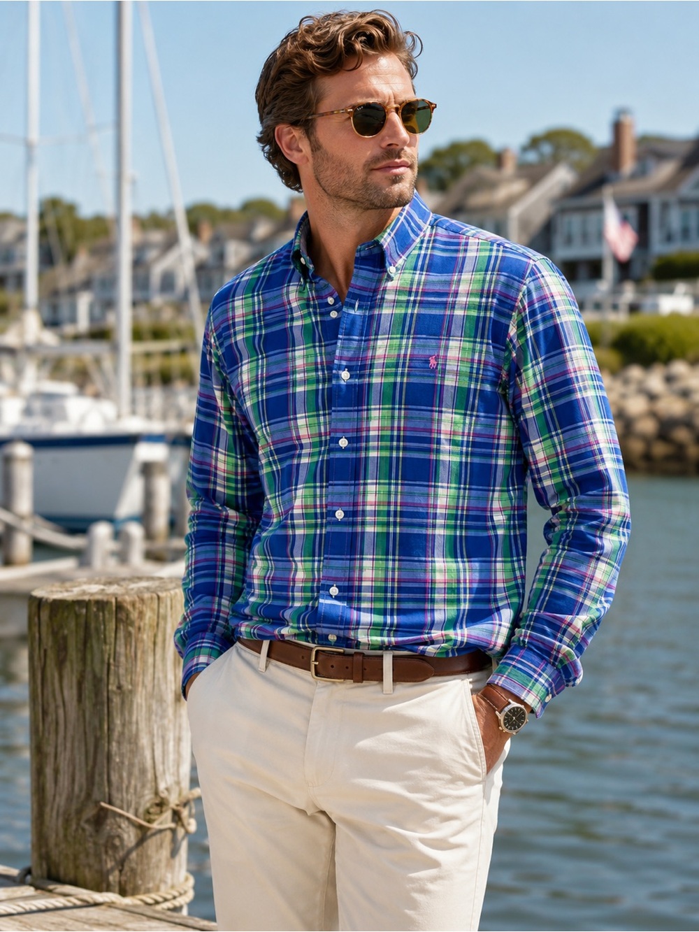 Ralph Lauren Blue Plaid Button Down Shirt Men's L Pink Pony Preppy Coastal